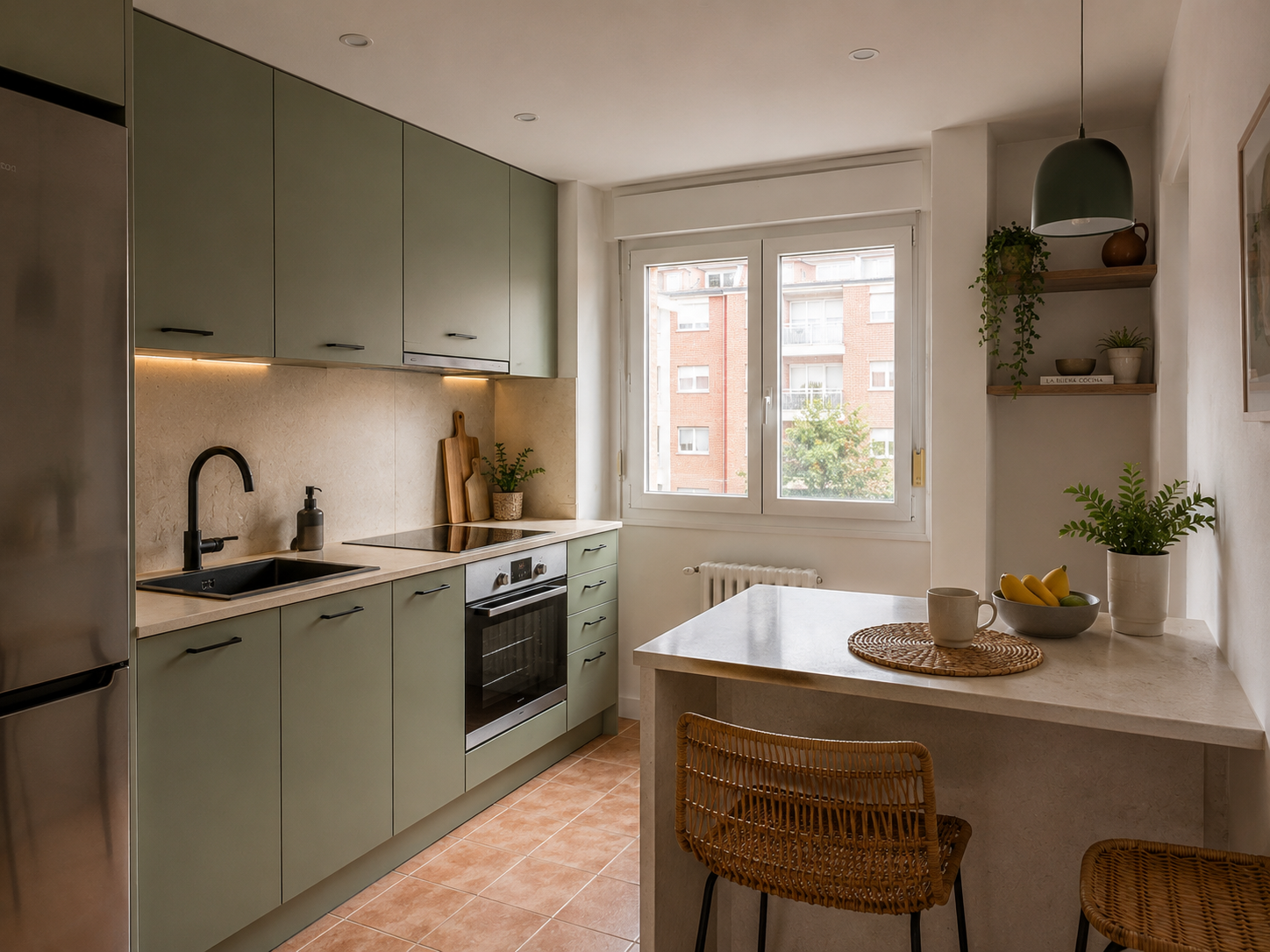 Cocina con mobiliario verde en Valladolid